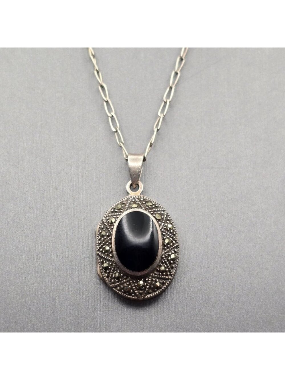 Vintage CW Sterling Silver Black Onyx Marcasite Locket Necklace 24" Pendant